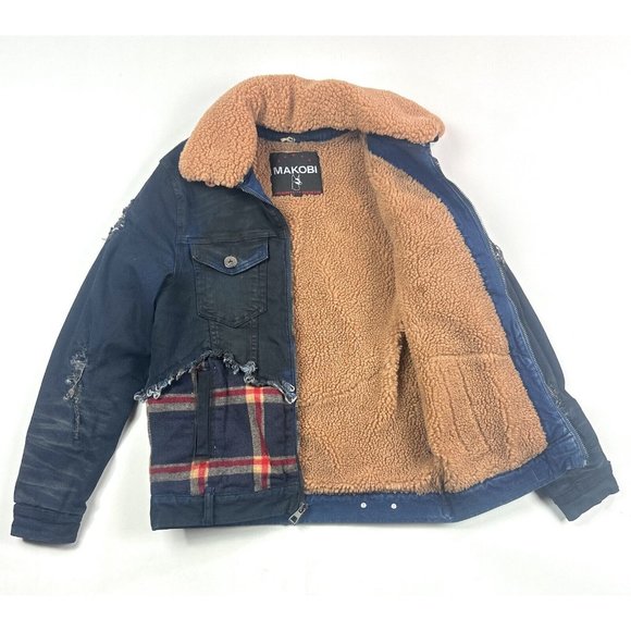 Makobi Mens Small Dark Blue Plaid Zip Denim Jean Sherpa Jacket Distressed M1035 - Picture 6 of 11